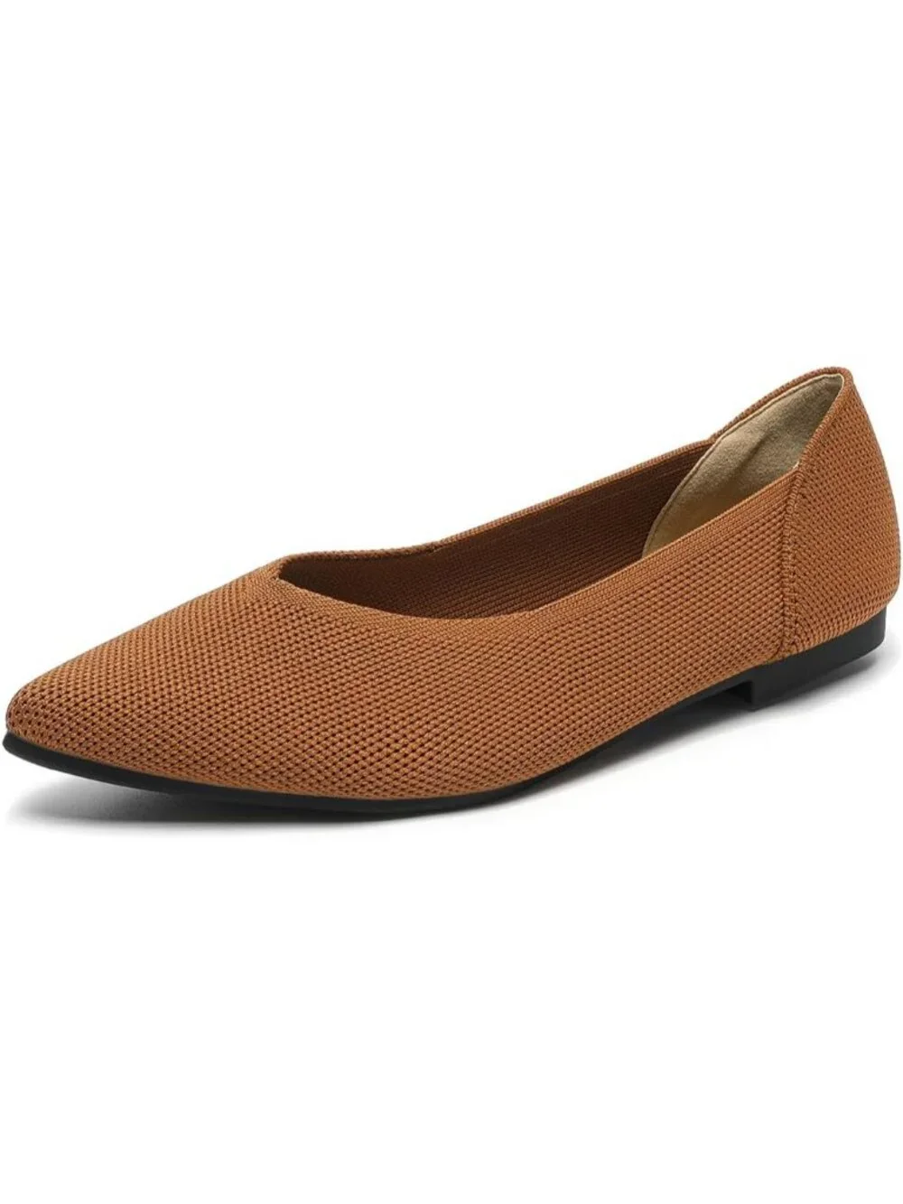 Women's Brown Ballet Flats Pointed Toe Comfortable Knit Slip Casual Shoes